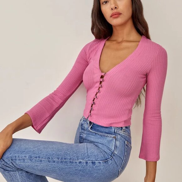 Reformation Gellar Pink Ribbed Long Sleeve Top - Picture 1 of 6